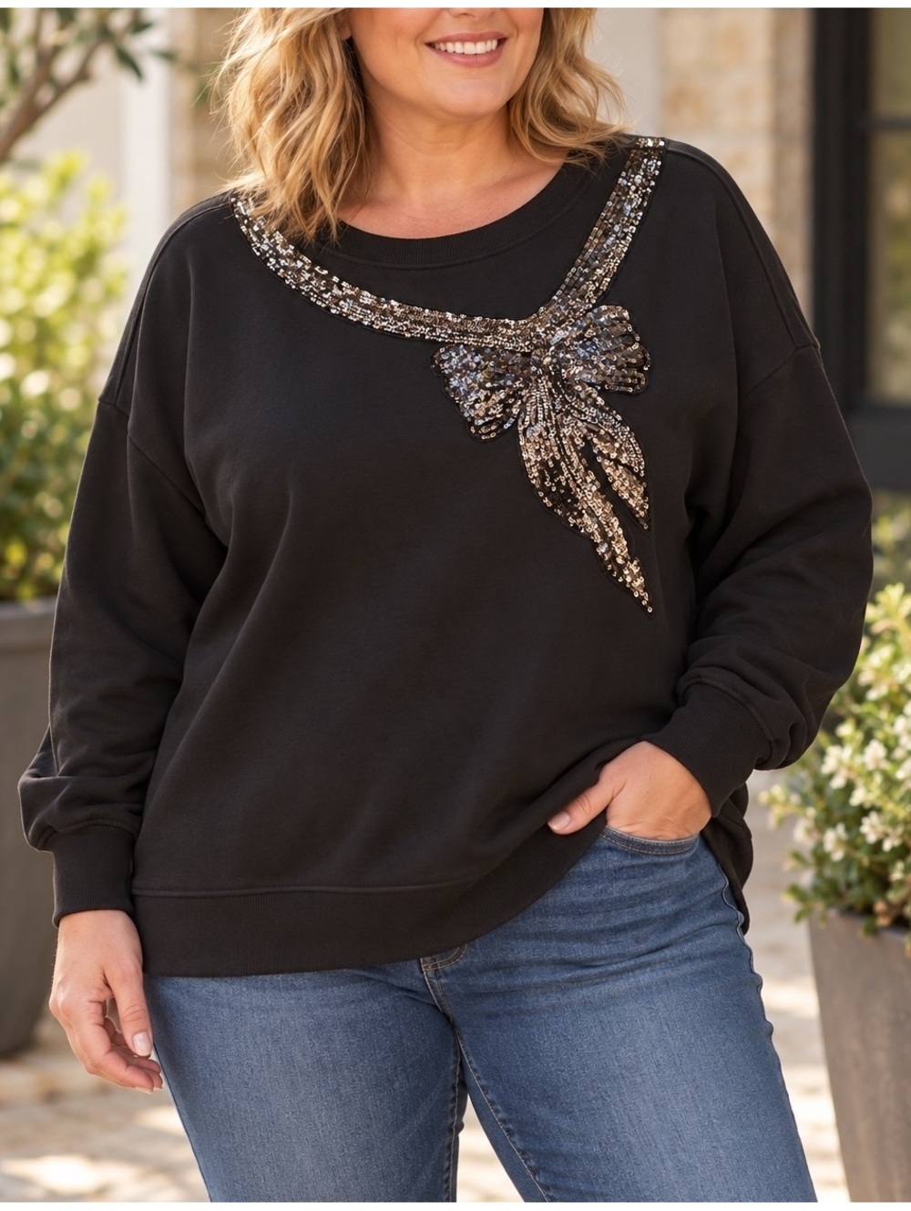 NWT Anthropologie Maeve 2X Plus Black Sequin Bow Sweatshirt Holiday Party